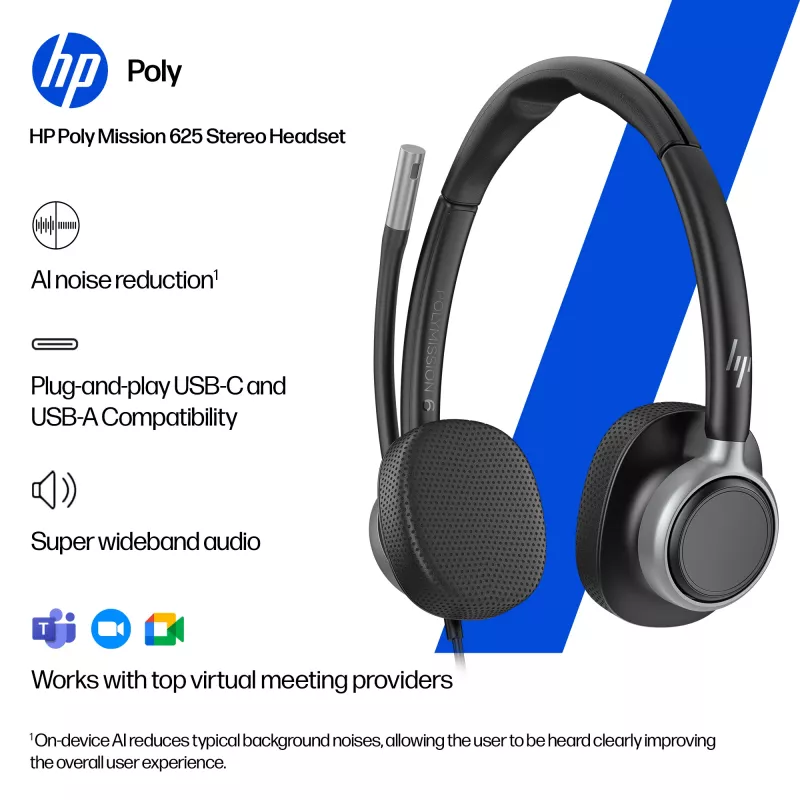 Laidinės stereofoninės USB ausinės HP Poly Mission 625 — ant ausų dedamos, 147 g, USB jungtis (birios)