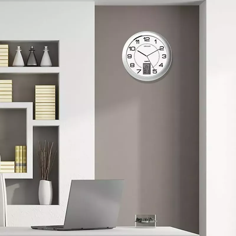 Sieninis/stalinis laikrodis Unilux 100340853 — Kvarcinis, apvalus metalinės sidabrinės spalvos, Ø 31 cm, baterija AA/AAA
