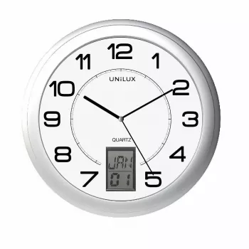 Sieninis/stalinis laikrodis Unilux 100340853 — Kvarcinis, apvalus metalinės sidabrinės spalvos, Ø 31 cm, baterija AA/AAA