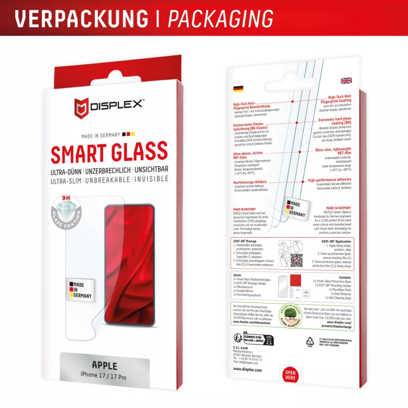 Displex Smart Glass (9H) Apple iPhone 17/17 Pro, tvirtinimo lipdukas, nedūžtamas