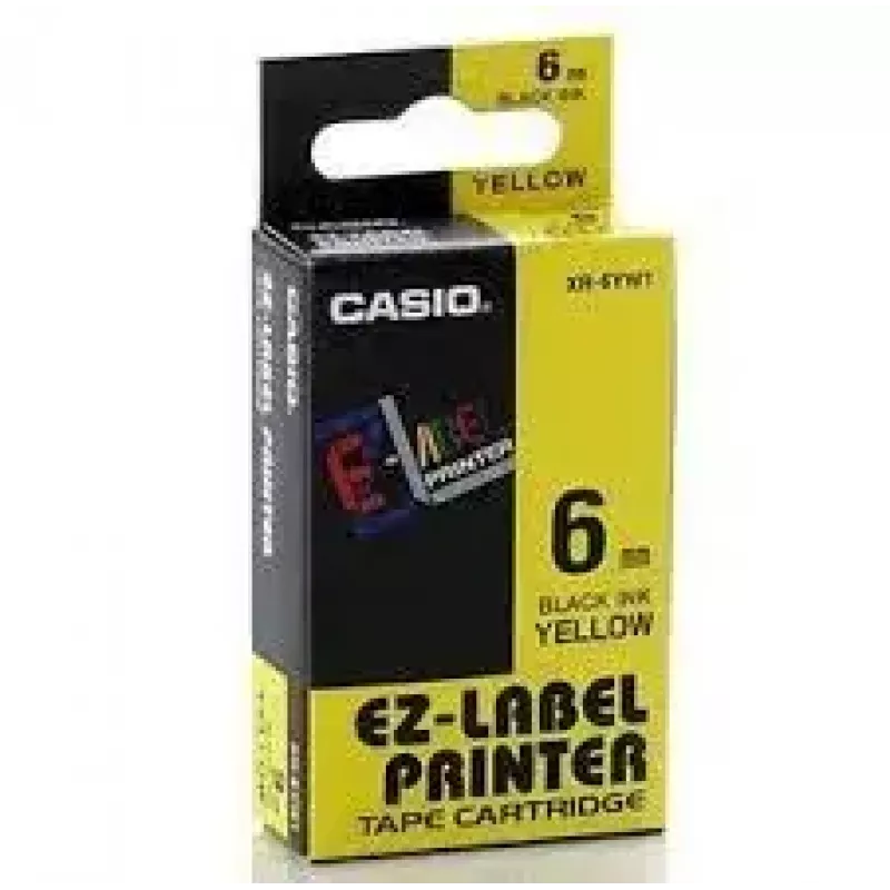 Lipdukų juosta CASIO XR-6YW1 — 6 mm x 8 m, juodas tekstas geltoname fone, juoda kasetė