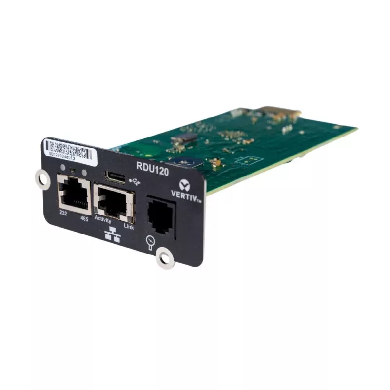 Vertiv Liebert IntelliSlot RDU120 - tinklo plokštė, nuotolinio stebėjimo adapteris, RS-485, USB prievadas, UL2900-1 kibernetinio saugumo sertifikuota, 1 Gb Ethernet (RDU120)