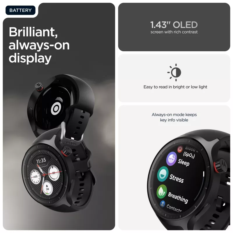 Motorola Moto Watch 3,63 cm (1,43 colio) OLED 47 mm skaitmeninis jutiklinis juodas GPS (palydovinis)