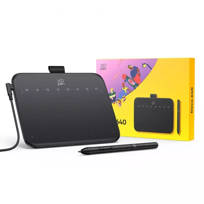Grafikos planšetė XP-Pen Deco 640 — piešimo planšetė, 5080 lpi, aktyvus plotas 160×90 mm, laidinis/belaidis, juoda