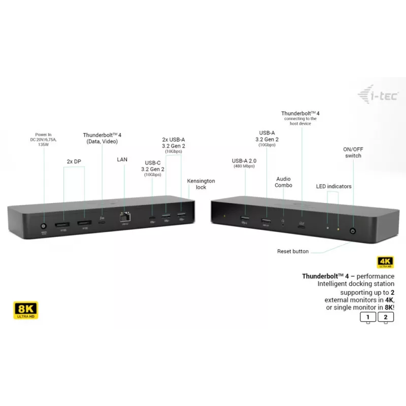 i-tec Thunderbolt 4 išmanioji dvigubo ekrano prijungimo stotelė + maitinimo tiekimas 90 W