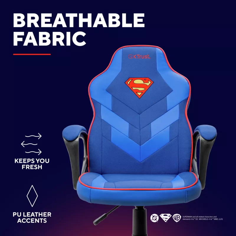 Žaidimų kėdė TRUST GXT 703SM REVVO Kids Superman Blue – vaikiška žaidimų kėdė, ergonomiškas dizainas, reguliuojamos funkcijos