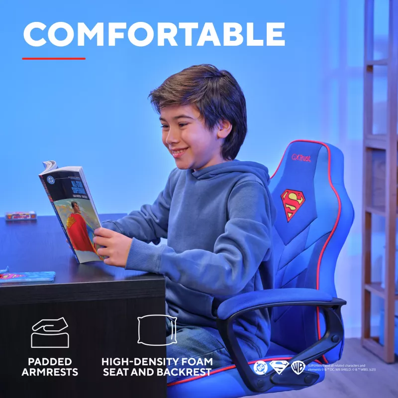 Žaidimų kėdė TRUST GXT 703SM REVVO Kids Superman Blue – vaikiška žaidimų kėdė, ergonomiškas dizainas, reguliuojamos funkcijos