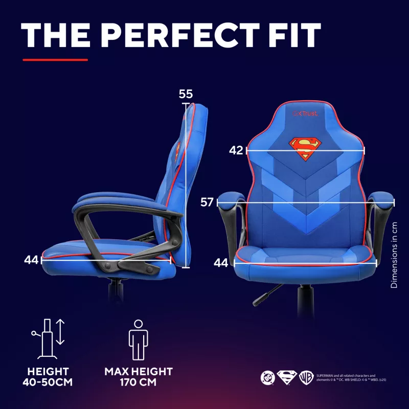 Žaidimų kėdė TRUST GXT 703SM REVVO Kids Superman Blue – vaikiška žaidimų kėdė, ergonomiškas dizainas, reguliuojamos funkcijos