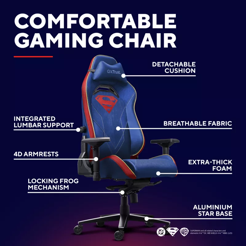 Žaidimų kėdė TRUST RUYA PRO GXT721SM Superman — ergonomiškas dizainas, reguliuojamas aukštis