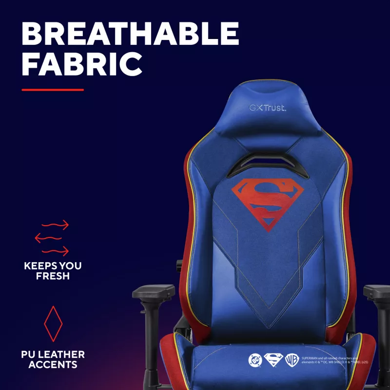 Žaidimų kėdė TRUST RUYA PRO GXT721SM Superman — ergonomiškas dizainas, reguliuojamas aukštis