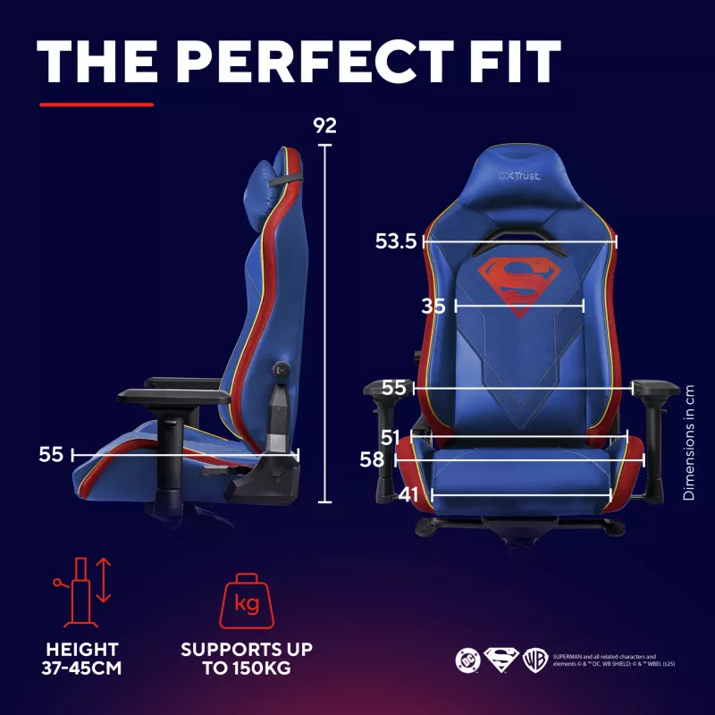 Žaidimų kėdė TRUST RUYA PRO GXT721SM Superman — ergonomiškas dizainas, reguliuojamas aukštis