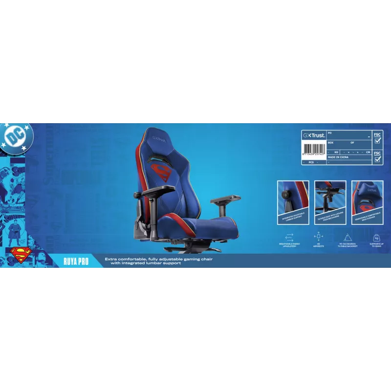 Žaidimų kėdė TRUST RUYA PRO GXT721SM Superman — ergonomiškas dizainas, reguliuojamas aukštis