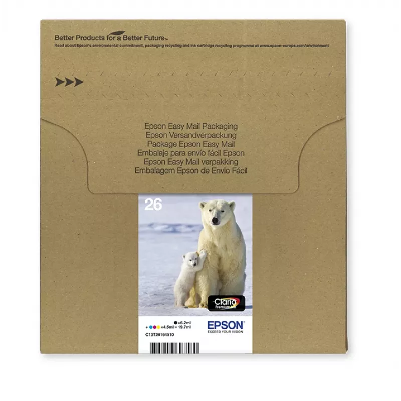 “Epson Polar bear” daugialypė pakuotė, 4 spalvų, 26 EasyMail, standartinė išeiga, juoda, žydra, purpurinė, geltona, pigmentinis rašalas, dažų pagrindo rašalas, 6,2 ml, 4,5 ml