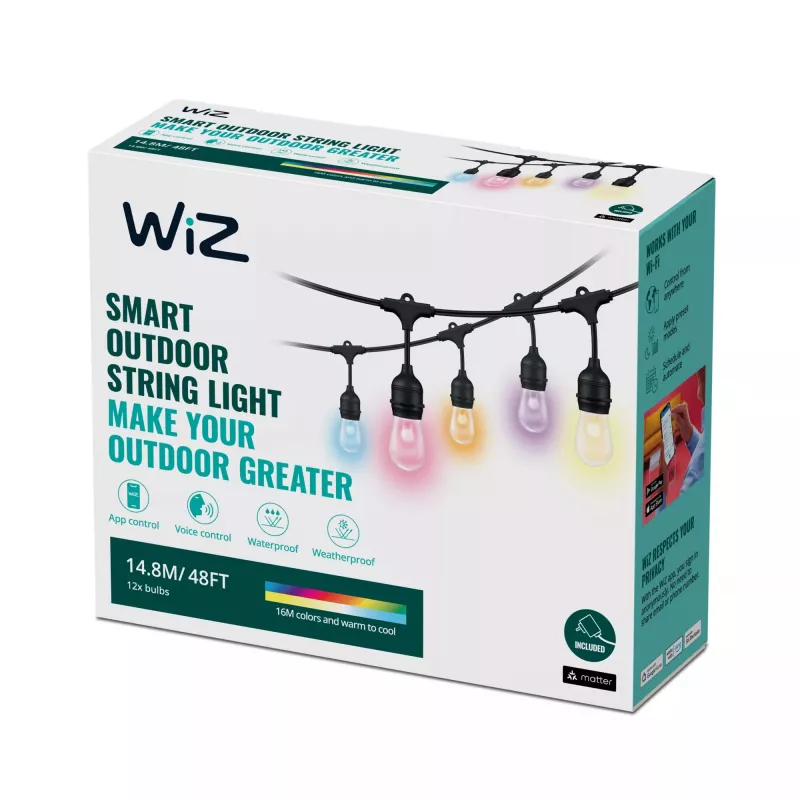 WiZ String Lights, išmanioji girlianda, „Wi-Fi“ / „Bluetooth“, juoda, „Wi-Fi 4“ (802.11n), 802.11b, 802.11g, LED, plastikas