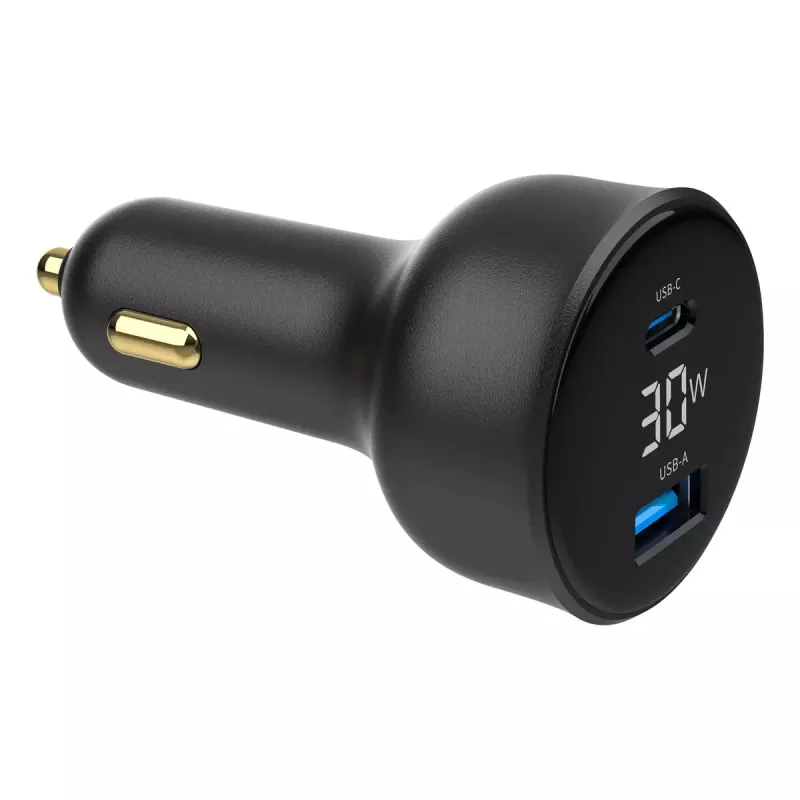 Automobilinis įkroviklis Gembird TA-UC-AC2PD30LCD-CAR-01, USB-C, 30 W, 12–24 V, juodas