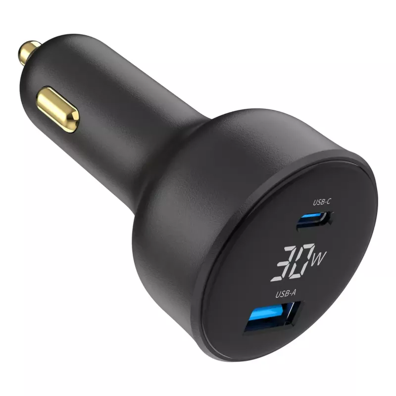 Automobilinis įkroviklis Gembird TA-UC-AC2PD30LCD-CAR-01, USB-C, 30 W, 12–24 V, juodas