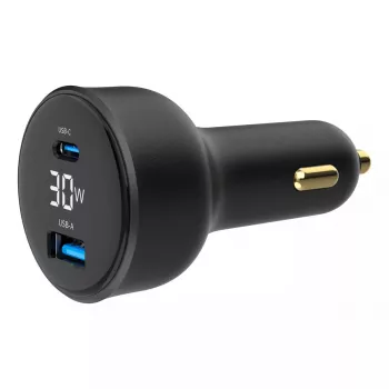Automobilinis įkroviklis Gembird TA-UC-AC2PD30LCD-CAR-01, USB-C, 30 W, 12–24 V, juodas
