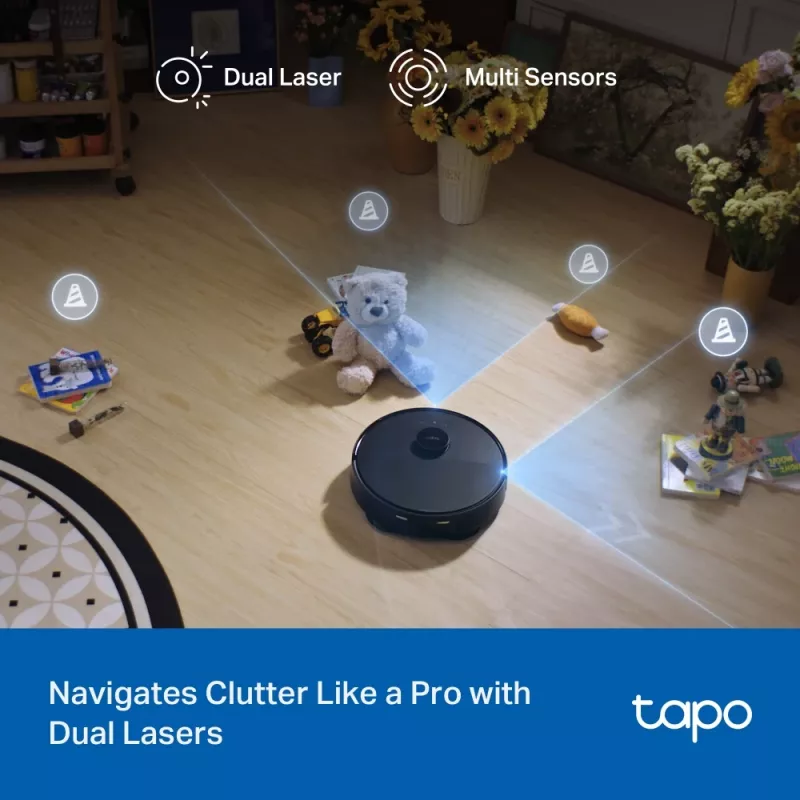 Robotų dulkių siurblys TP-Link Tapo RV50 Pro Omni — 0,28 l dulkių talpykla, 5200 mAh baterija, bazinė stotis su 3 l dulkių talpykla