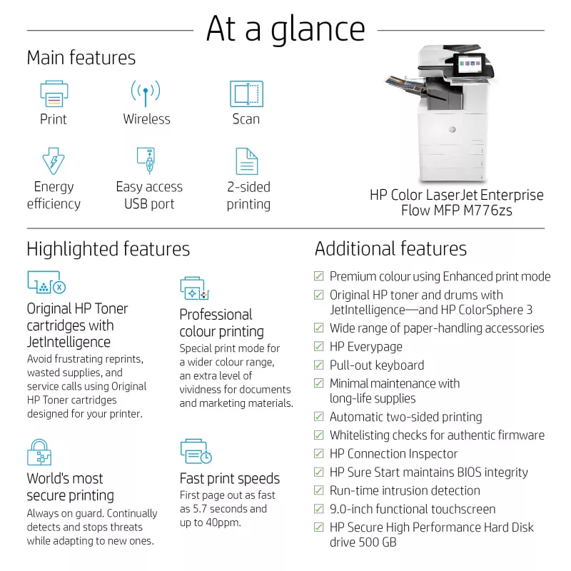 “HP Color LaserJet Enterprise Flow MFP M776zs, lazerinis, spalvotas spausdinimas, 1200 x 1200 DPI, A3, tiesioginis spausdinimas, juoda, balta”