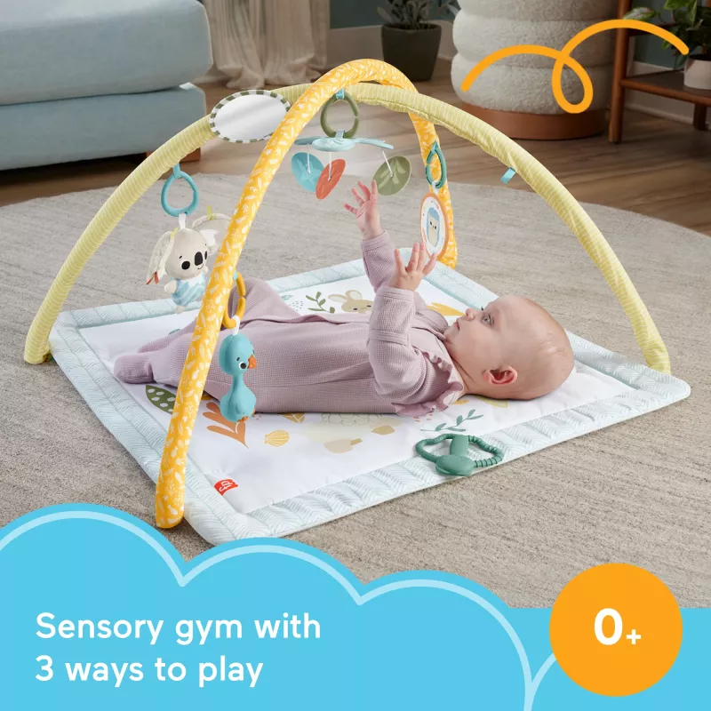 Fisher-Price Sensimals Simply Senses naujagimių gimnastikos kilimėlis su 6 jutimo žaislais