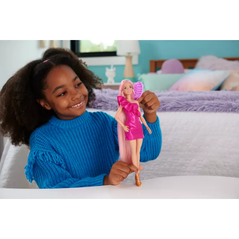 Barbie Fun & Fancy Hair lėlė ilgais spalvingais šviesiais plaukais ir stiliaus aksesuarais