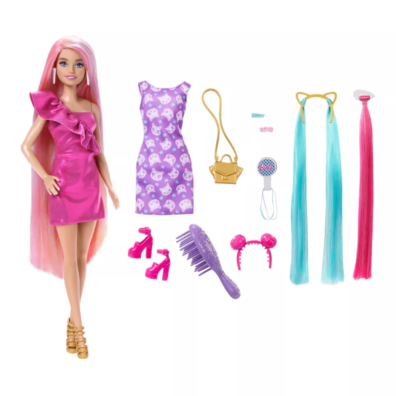 Barbie Fun & Fancy Hair lėlė ilgais spalvingais šviesiais plaukais ir stiliaus aksesuarais