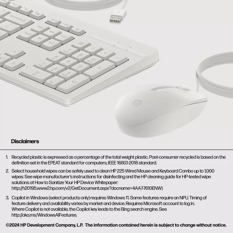 HP 225 laidinis pelės ir klaviatūros rinkinys, pilno dydžio (100 %), laidinis, USB, baltas, pelė įtraukta