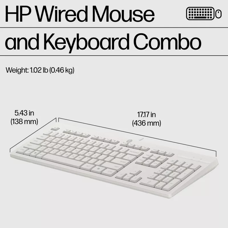 HP 225 laidinis pelės ir klaviatūros rinkinys, pilno dydžio (100 %), laidinis, USB, baltas, pelė įtraukta