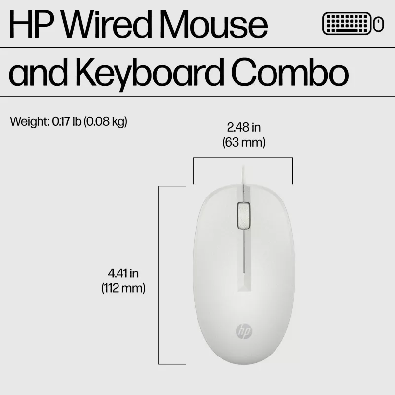 HP 225 laidinis pelės ir klaviatūros rinkinys, pilno dydžio (100 %), laidinis, USB, baltas, pelė įtraukta
