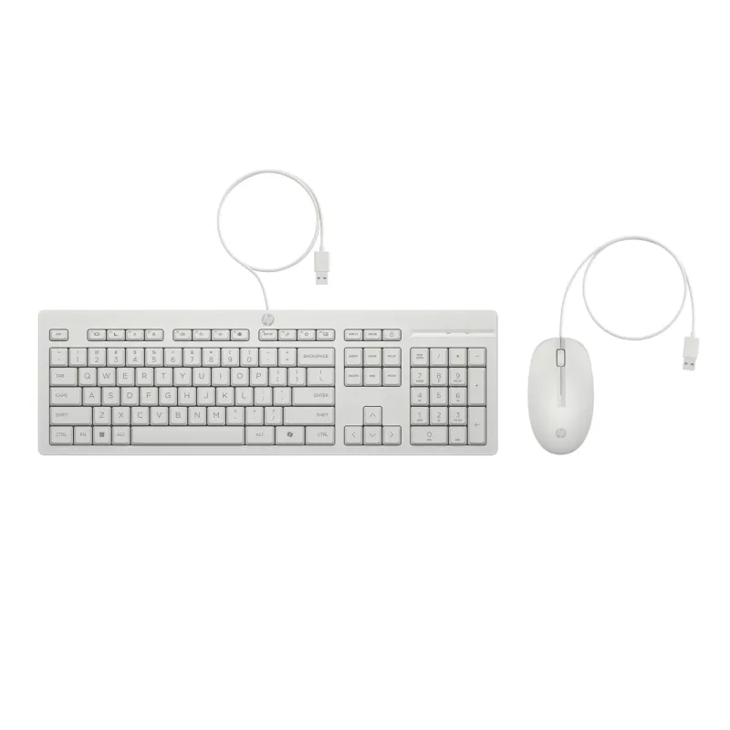 HP 225 laidinis pelės ir klaviatūros rinkinys, pilno dydžio (100 %), laidinis, USB, baltas, pelė įtraukta