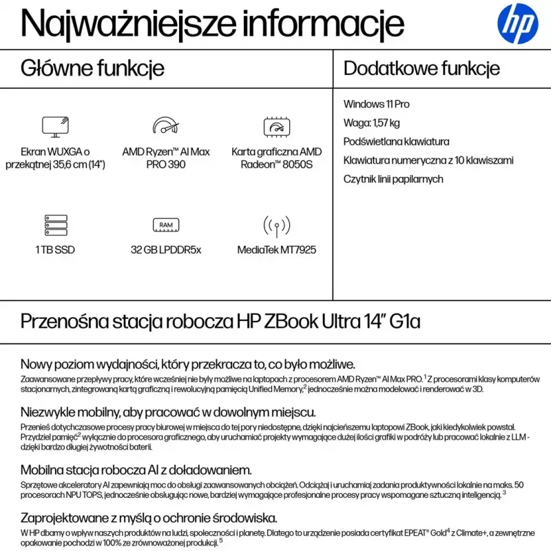 Mobilioji darbo stotis HP ZBook Ultra 14 G1a Ryzen AI MAX PRO 390, 14,0 colių WUXGA IPS 1920×1200, 32 GB LPDDR5x-8533, 1 TB NVMe SSD, Radeon 8050S