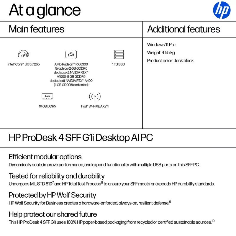 PC HP ProDesk 4 SFF G1i AI — „Intel Core Ultra 7 265“ (5,3 GHz, 20 branduolių), 16 GB DDR5, 1 TB NVMe SSD, „Windows 11 Pro“, „Wi‑Fi 6E“