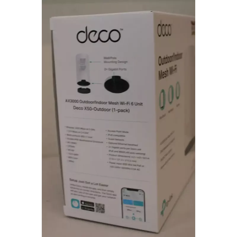 Lauko tinklinio belaidžio ryšio įrenginys TP‑LINK Deco X50‑Outdoor AX3000 • 802.11ax • 2x Gigabit Ethernet • MU‑MIMO • Tinklinio tinklo palaikymas • Be mobiliojo plačiajuosčio ryšio
