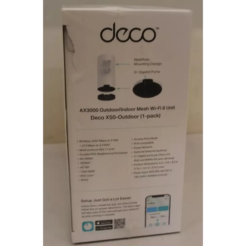 Lauko tinklinio belaidžio ryšio įrenginys TP‑LINK Deco X50‑Outdoor AX3000 • 802.11ax • 2x Gigabit Ethernet • MU‑MIMO • Tinklinio tinklo palaikymas • Be mobiliojo plačiajuosčio ryšio