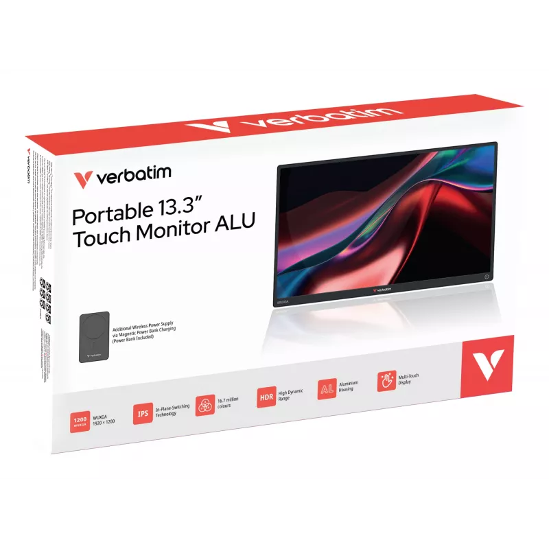 Nešiojamas monitorius VERBATIM 13,3 col. WUXGA (1920x1200) IPS jutiklinis ekranas, baterija, USB-A/USB-C, 3,5 mm, aliuminis, 0,925 kg