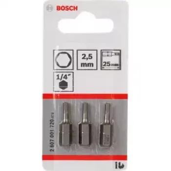 Atsuktuvų antgalių rinkinys Bosch 3 vnt. — apsauginis šešiabriaunis 2,5 mm, ilgis 25 mm, 1/4 colio kotas