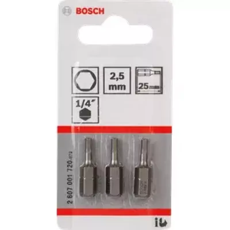 Atsuktuvų antgalių rinkinys Bosch 3 vnt. — apsauginis šešiabriaunis 2,5 mm, ilgis 25 mm, 1/4 colio kotas