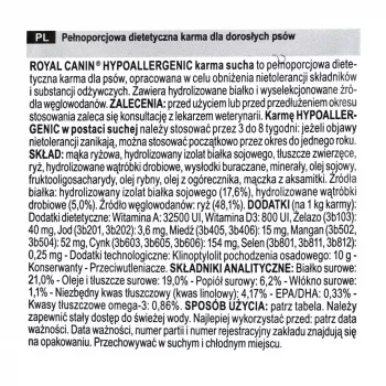 Sausas šunų maistas Royal Canin Hypoallergenic Adult — 14 kg, Kepenų ir ryžių formulė, 21 % baltymų, 19 % riebalų, be glitimo
