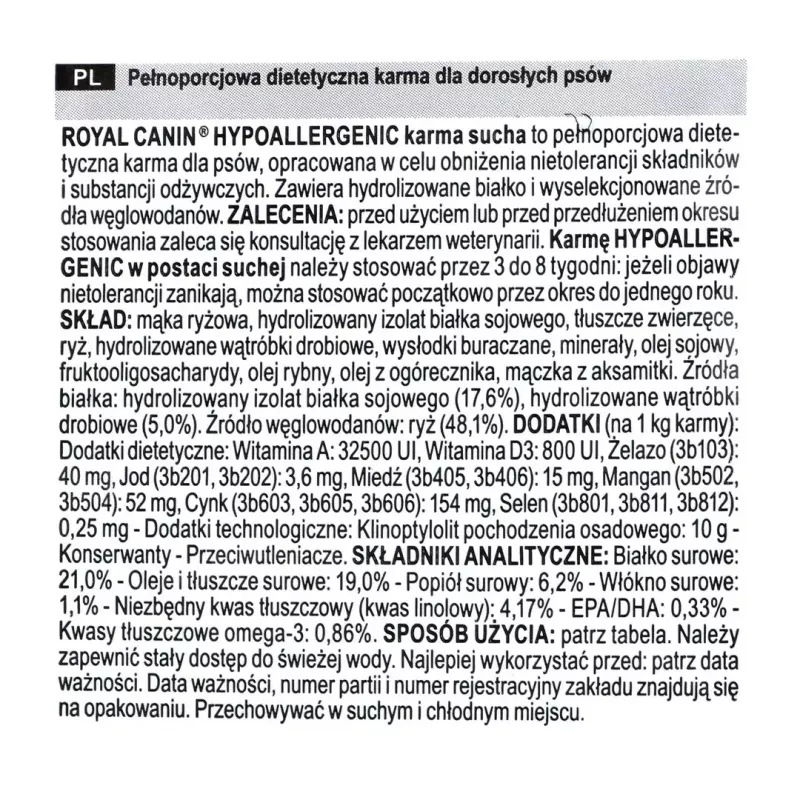 Sausas šunų maistas Royal Canin Hypoallergenic Adult — 14 kg, Kepenų ir ryžių formulė, 21 % baltymų, 19 % riebalų, be glitimo