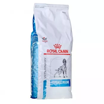 Sausas šunų maistas Royal Canin Hypoallergenic Adult — 14 kg, Kepenų ir ryžių formulė, 21 % baltymų, 19 % riebalų, be glitimo