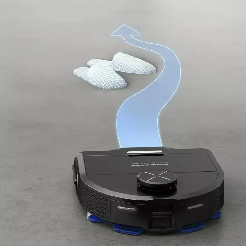 Robotų dulkių siurblys Rowenta X‑Plorer RR9465WH — be maišelio, D formos, 0,35 l dulkių talpykla, 120 min veikimo laikas, ličio jonų, 97×325×335 mm, juodas