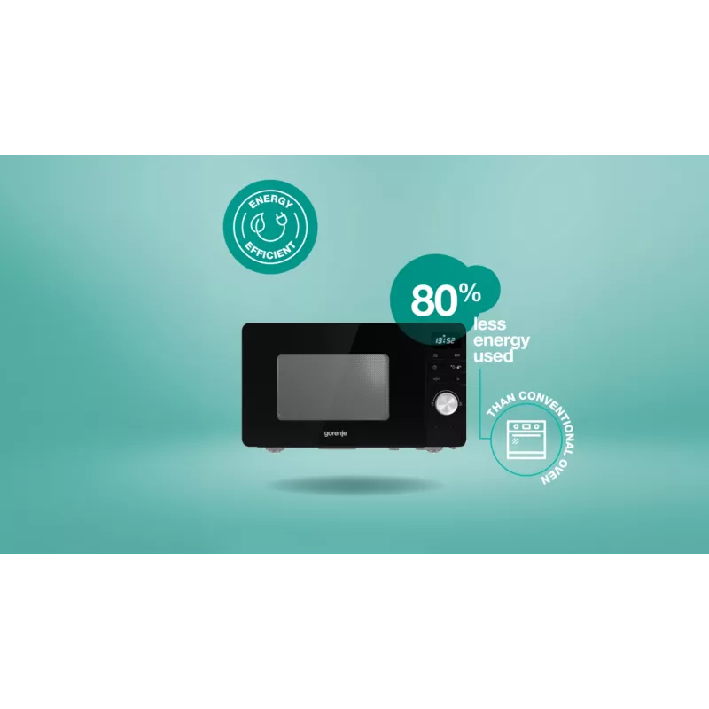 Gorenje Mikrobangų krosnelė MO20A3B, stalviršinė, solo mikrobangų krosnelė, 20 L, 800 W, įmontuotas ekranas, LED