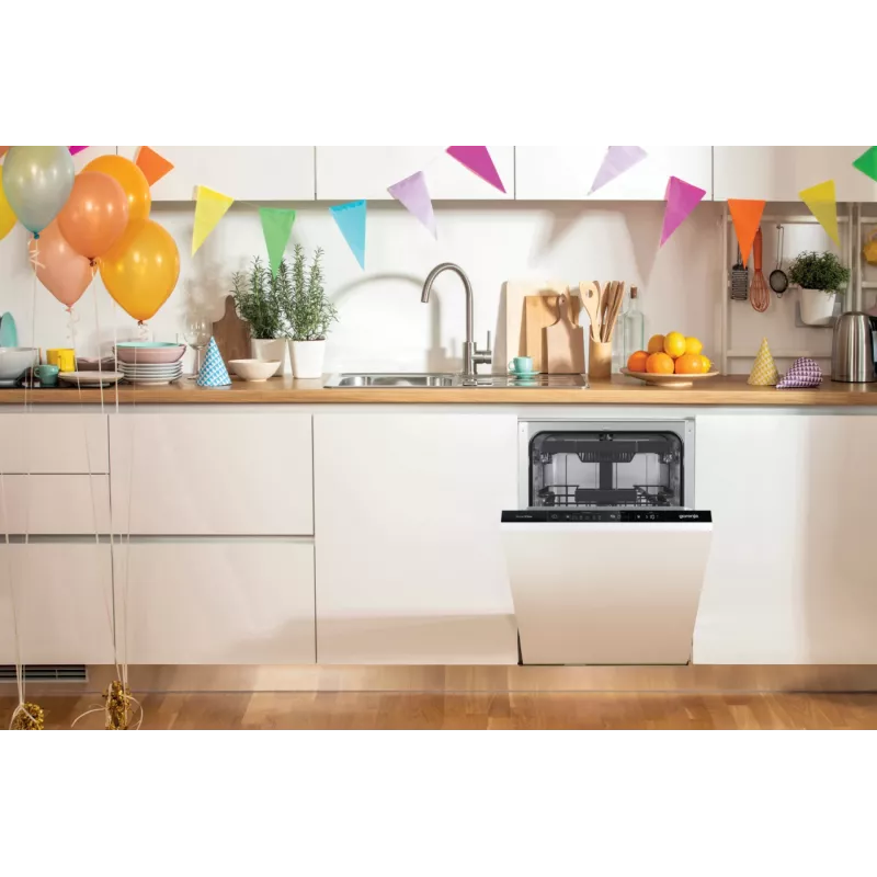 Gorenje indaplovė GV561D10 BK070, pilnai įmontuojama, siaura (45 cm), balta, standartinė (80–85 cm), juoda, mygtukai