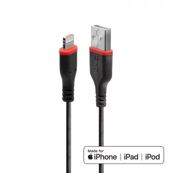 Lindy 1 m sustiprintas USB A – Lightning laidas, 1 m, Lightning, USB A, kištukas, kištukas, juodas