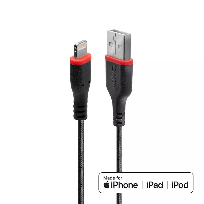 Lindy 1 m sustiprintas USB A – Lightning laidas, 1 m, Lightning, USB A, kištukas, kištukas, juodas