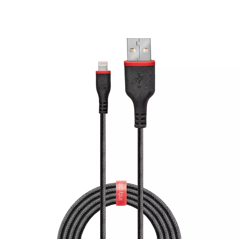 Lindy 1 m sustiprintas USB A – Lightning laidas, 1 m, Lightning, USB A, kištukas, kištukas, juodas