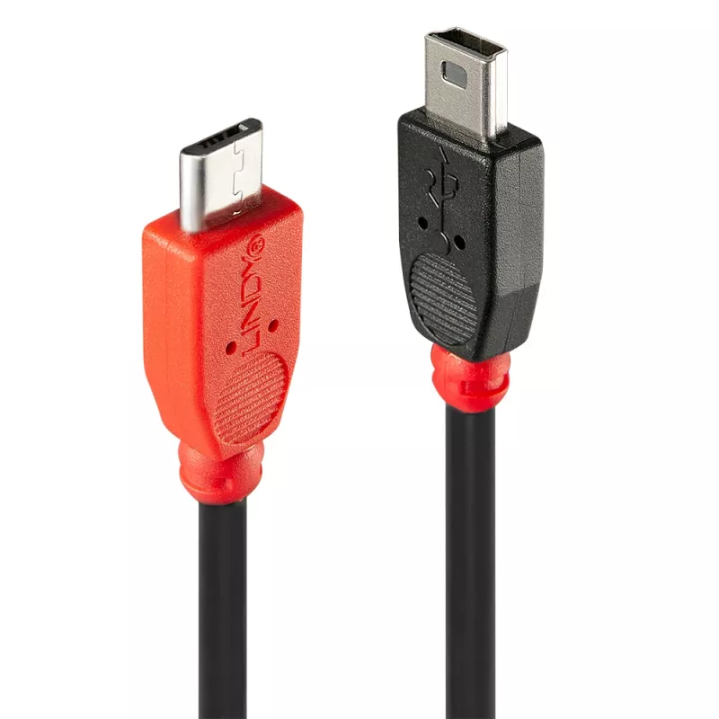 Lindy 0.5 m USB 2.0 Type Micro-B į Mini-B OTG kabelis, 0,5 m, Mini-USB B, Micro-USB B, USB 2.0, 0,48 Gbit/s, juoda, raudona