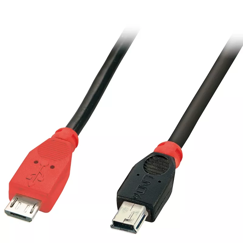 Lindy 0.5 m USB 2.0 Type Micro-B į Mini-B OTG kabelis, 0,5 m, Mini-USB B, Micro-USB B, USB 2.0, 0,48 Gbit/s, juoda, raudona
