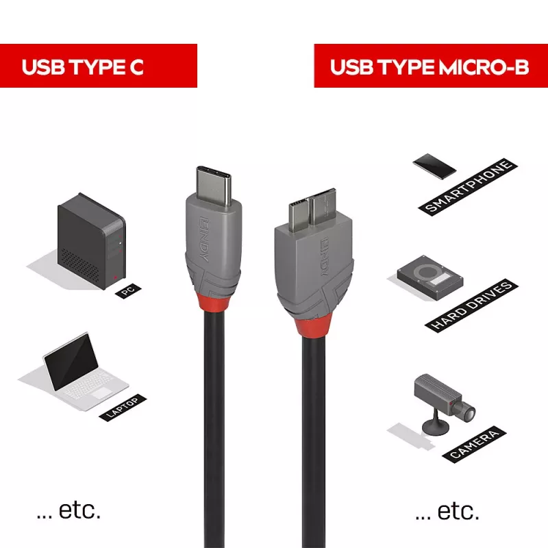 Lindy 2 m USB 3.2 Type C į Micro-B kabelis, Anthra Line, 2 m, USB C, Micro-USB B, USB 3.2 Gen 1 (3.1 Gen 1), juoda