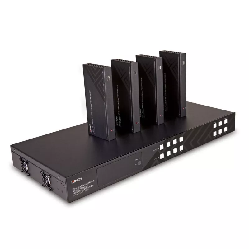 Lindy 150m Cat.6 4x4 HDMI 4K60 HDBaseT matricos plėtiklis, 3840 x 2160 pikseliai, AV siųstuvas ir imtuvas, 150 m, laidinis, juodas, HDCP